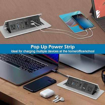 Table Pop Up Outlet, Desktop Pop Up Socket Center Countertop Socket Multimedia Strip Socket Connection Box Countertop with USB 3.0/2×AC/2×HDMI/USB-A/USB-C/LAN for Conference Desk Office(Silver-3) - style: Silver-3