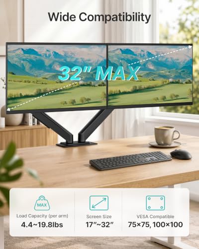 Dual Monitor Arm for Up to 32 Inch Screens, Heavy Duty Monitor Mount | Curved Monitor Stand with Clamp and Grommet Base,for 2 Screens,Holds up to 19.8 lbs,for 75/100 Vesa Mount,for Home Office - style: Dual Monitor Arm