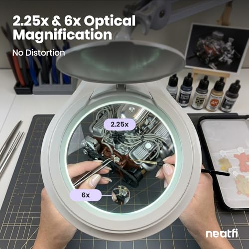 Neatfi LED Bifocal Magnifying Lamp 1,200 Lumens – 5” Glass Lens, Dual Magnification 2.25X/6X, Dimmable | Adjustable Arm with Clamp | Crafting, Jewelry & Reading (5 Diopter + 20 Diopter, White) - color: White, size: 5 Diopter + 20 Diopter