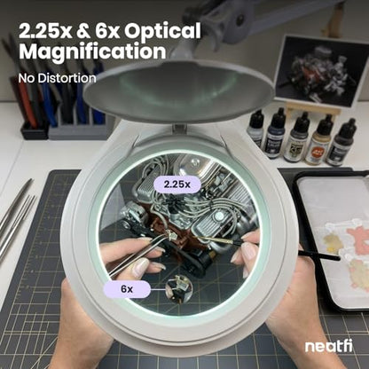 Neatfi LED Bifocal Magnifying Lamp 1,200 Lumens – 5” Glass Lens, Dual Magnification 2.25X/6X, Dimmable | Adjustable Arm with Clamp | Crafting, Jewelry & Reading (5 Diopter + 20 Diopter, White) - color: White, size: 5 Diopter + 20 Diopter