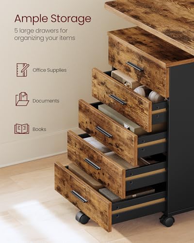 VASAGLE CUSTOS Collection - File Cabinet, Mobile Pedestal Filing Cabinet with Wheels, Printer Stand with 5 Drawers, Tool-Free Sliding Rails, for Study, Home Office, Rustic Brown UOFC081KD01S - color: Rustic Brown + Ink Black