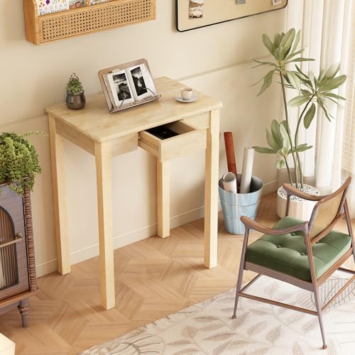 Solid Wood Desk with Drawers - 24 x 16 Inch Simple Narrow Desks, Rubber Wood Study Table, Small Writing Desk for Small Spaces|Bedroom - Natural Boho Desks - color: Natural, size: 23.6 in W x 15.7 in D