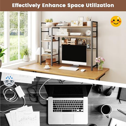 WAYTRIM Desk Shelf, Wood Desk Organizer Shelf 4 Tier Countertop Desktop Bookshelf Cubicle Storage Rack Top of Desk, Desk Hutch Dorm for Top of Desk Pegboard Hooks Set Desktop Display Rack (Brown) - style: 4-Tire