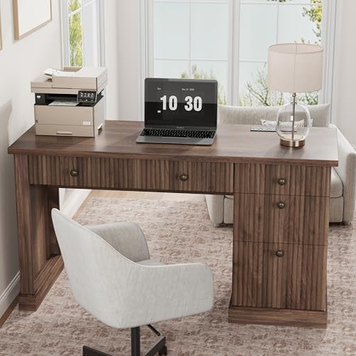 Garvee Fluted Home Office Desk Storage with File Drawers for Home Office - color: Brown, size: 21.6"D x 54"W x 30"H