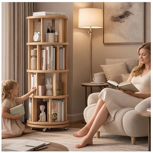 Solid Wood Rotating Round Bookshelf Towers with Wheels, Natural Revolving Bookcase 4 Tier 360° Wooden Book Shelf tall bookshelves, Narrow Rolling dvd Storage Rack,book storage,space saving (Natural - color: Natural Color, size: 4 Tier, 53.2"H