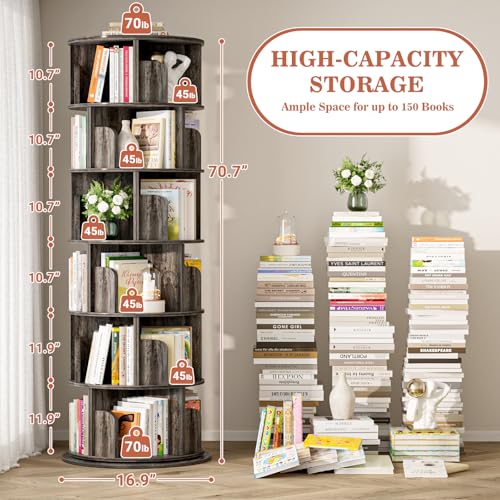 Aheaplus 5 Tier Wood Rotating Bookshelf, 360° Spinning Book Shelf Tower - color: Black Oak, size: 6-Tier