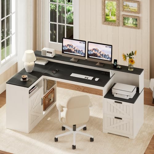 63" Farmhouse L Shaped Desk with Drawers and Printer Stand for Home Office - color: Black and White