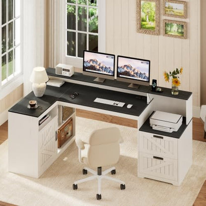 63" Farmhouse L Shaped Desk with Drawers and Printer Stand for Home Office - color: Black and White