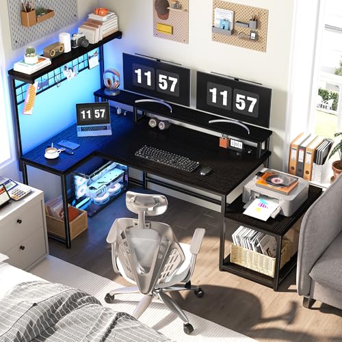 EnHomee 56" L Shaped Gaming Desk with Power Outlets for Bedroom,Black - color: Black, size: 56"W