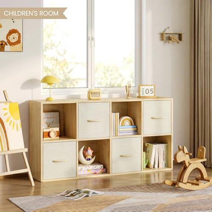 EXPERLAM 8 Cube Storage Organizer - Solid Wood Bookshelf with 4 Storage Bins, Cube Shelf with 2 Removable Back Panels, Vertical or Horizontal Bookcase, Open Book Shelf for Bedroom, Living Room, Office - size: 8 Cube Shelf