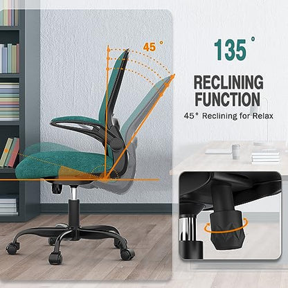 Ergonomic Office Chair w/Adjustable Lumbar, Flip Armrest, 135° Recline - color: Green