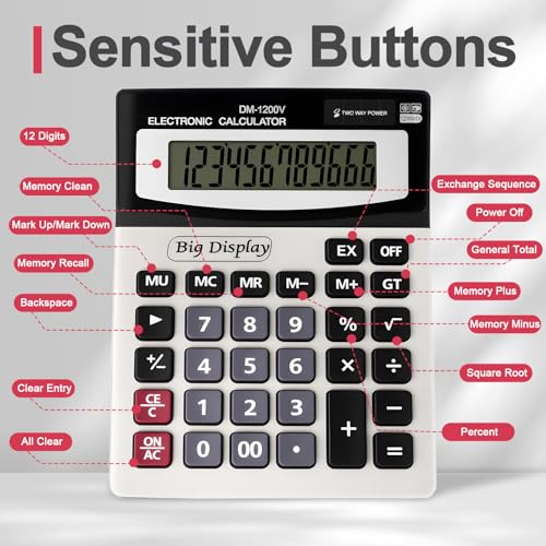 Desk Calculator,Extra Large 4in LCD Display,12 Digits,Solar Battery
