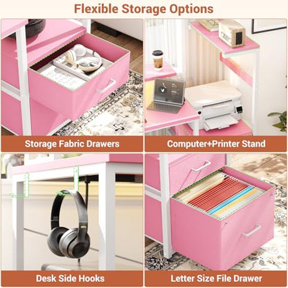 Aheaplus Gaming Desk with LED Strip & Power Outlet, 59Inch Reversible Computer Desk with Monitor Stand & Storage Shelves, Home Office Desks with Fabric File Drawer, Gamer Table PC Desk, Pink - color: Pink