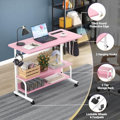Armocity 32" Rolling Standing Desk with Charging Station for Couch Bed - color: Pink, size: 32''