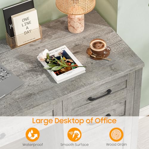 Vabches Farmhouse 47" Computer Desk, Executive Desk with File Drawer, Grey | Workstation, Charging Station, for Study, Home Office - color: Grey