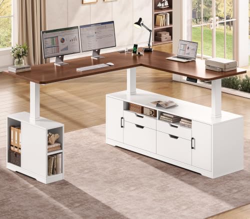 SEDETA Modern L Shaped Executive Electric Standing Desk with 4 Drawers | 69" x 55" Height Adjustable Office Desk with Storage Shelves, Power Outlet, Sit Stand Computer Desk, White and Brown - color: Modern White + Brown