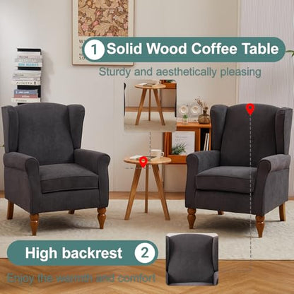 Mid-Century High Wingback Chair Set of 2,Modern Fabric Accent Chair Armchair with Solid Wood Coffee Table Set,Leisure Single Sofa Chair for Living Room,Club,Home Reception,Antique Dark Grey - color: Antique Dark Grey Set of 2