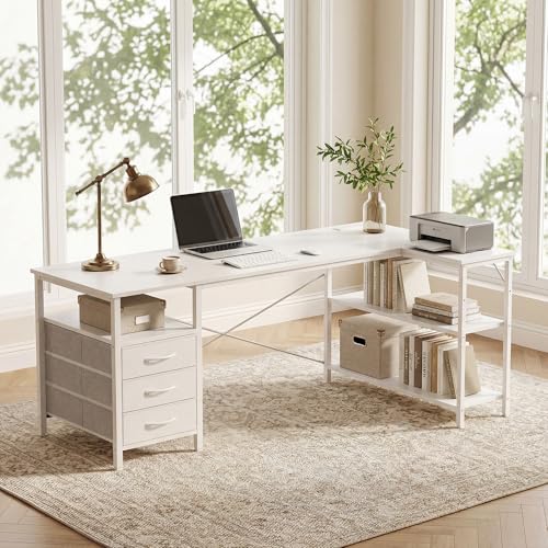 Alpen L Shaped Computer Desk, 47 Inch Corner Desk with Drawers and Power Outlets, Home Office Desk for Gaming, Study Writing PC Table with Storage and Reversible Shelf, White - color: White, size: 47 Inches Without Led Lights