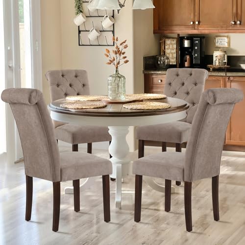 COLAMY Button Tufted Dining Chairs Set of 4, Parsons Upholstered Fabric Dining Room Chairs Kitchen Chairs with Wood Legs and Padded Seat, Taupe - color: Taupe, size: set of 4