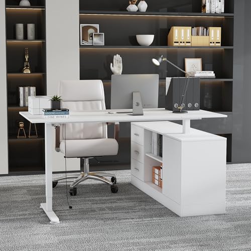 L Shaped Standing Desk Height Adjustable, 63" W Electric Sit Stand Desk with Drawers & Storage Cabinet, Reversible Home Office Table Corner Computer Workstation, Modern White (29.1"-44" H) - color: Modern White