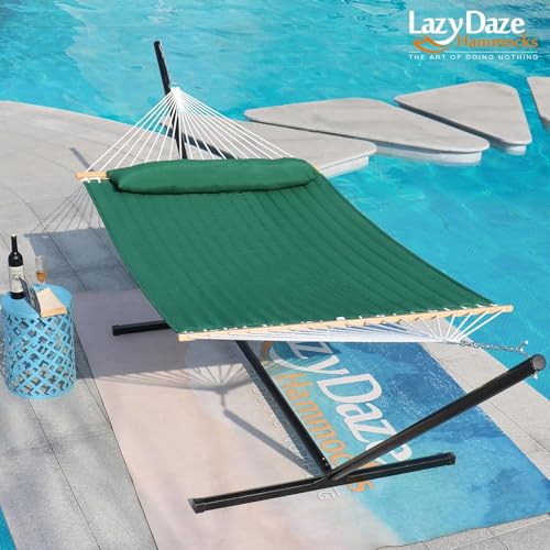 Lazy Daze Double Quilted Hammock with Pillow for Outside, Fit 13-15Ft Stand - color: Dark Green