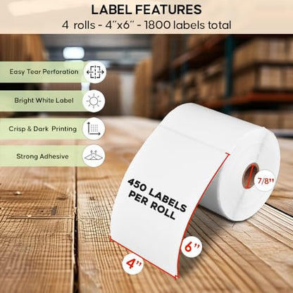 Arkscan 4x6 Thermal Shipping Labels - 4 Rolls, 450 Labels per Roll (1,800 Labels) for Zebra, Rollo & Arkscan Direct Thermal Label Printers - size: 4 x 6", 4 Rolls