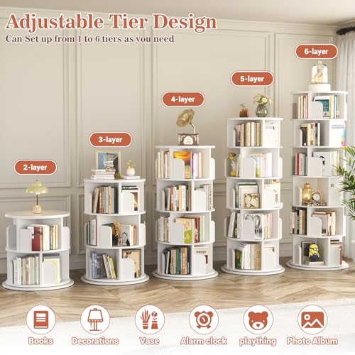 Aheaplus 5 Tier Wood Rotating Bookshelf, 360° Spinning Book Shelf Tower - color: White, size: 6-Tier
