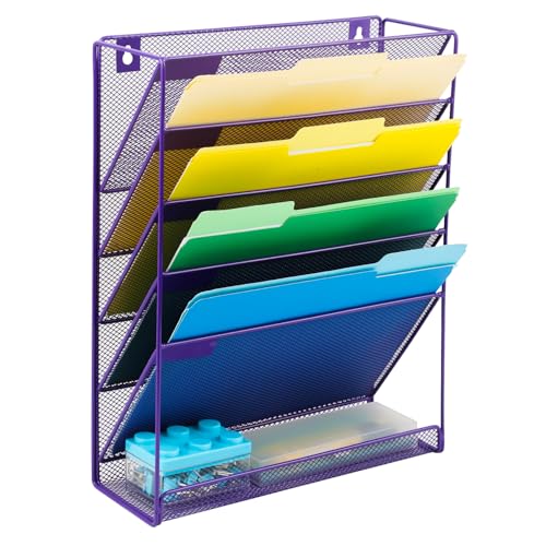 EASEPRES Desk File Organizer Mesh 6-Tier, Hanging Wall Mount Document Organization Stand, Desktop Vertical Mail Paper Folder Holder Rack with Bottom Tray for Office Home Cubicle Countertop, Purple - color: Purple, size: 6 Tier
