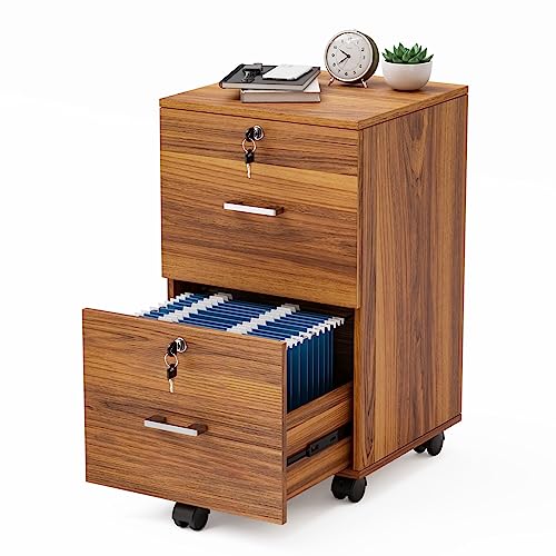 VINGLI 2-Drawer Rolling File Cabinet with Lock, Wood Mobile File Organization for Hanging Letter Size Filings Under Desk Filing Cabinets for Home Office, Assembly Required, Classic Walnut, 26.5" H - color: Walnut, size: Standard 2 Drawer