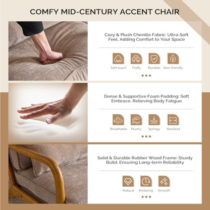 VINGLI Chenille Mid-Century Modern Accent Chair Set of 2, Cute Reading Arm Chair with Cushion & Lumbar Pillow & Solid Wood Frame for Lounge, Living Room, Reading Room, Bedroom, Light Khaki - color: Light Khaki