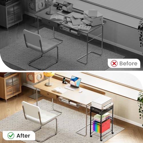 Cawukege 3 Tier Printer Stand, Small Mobile Table with Wheels, Printer Shelf Rolling Cart with Storage Desk Organizer Hanging File for Office Home, Brown - color: Brown