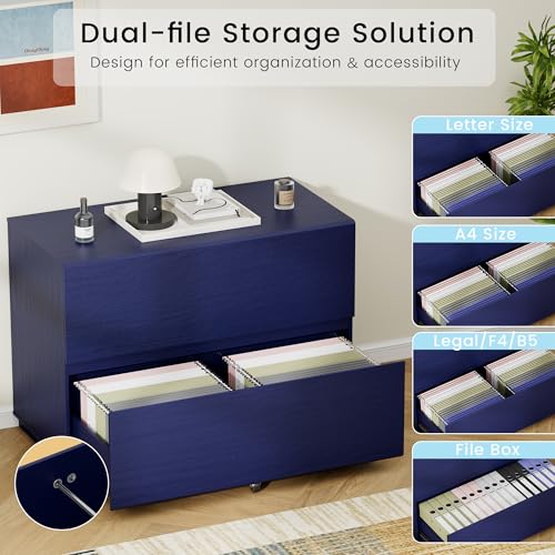 ModernMate 31.5" Lateral Wood Filing Cabinet with 2 Large Drawers, Blue - color: Blue