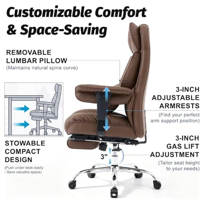 Efomao Executive Office Chair 400lbs,Brown Big and Tall Desk Chair | Mattress-grade pocket spring cushion, sleek leather, 135° recline & footrest for computer gaming setup. - color: 3084p-brown