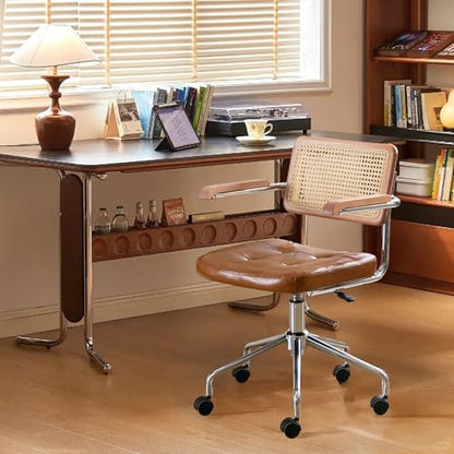 Zesthouse Leather Office Desk Chair with Wheels, Mid Century Rolling Desk Chair with Wood Arm & Natural Rattan Back, Modern Swivel Home Office Chair, Small Height Adjustable Computer Task Chair, Brown - color: Brown, size: Armrest