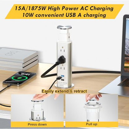Pop Up Outlet for Countertop, Receptacle Power Strip with 3 AC Outlet 2 USB Ports, Pull Pop Up Power Socket Outlet, 2.5" Hole Recessed Outlet for Kitchen Counter Conference Desk Office, White - color: White