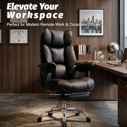 Efomao Executive Office Chair 400lbs, Black Big and Tall Desk Chair | Mattress-grade pocket spring cushion, sleek leather, 135° recline & footrest for computer gaming setup. - color: 3084p-black
