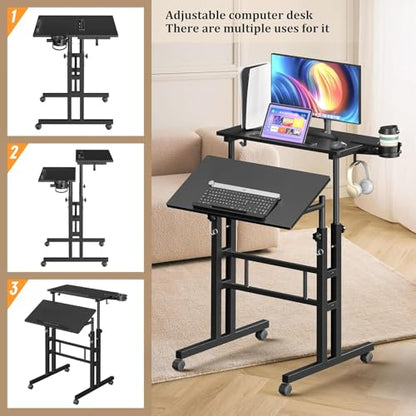 Simple Deluxe Split Top Rotating Standing Desk on Wheels – 23.6" Manual Adjustable Height Mobile Laptop Computer Table – Sit Stand Rolling Workstation with Tilt Function– Black - color: Black