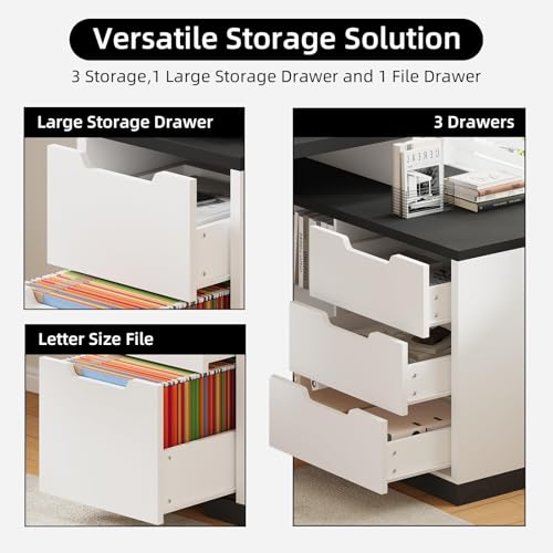 MaverickFurni L Shaped Desk with Drawers and Shelves, Home Office Desk with File Drawer for Work Writing Study, Corner Desk with Monitor Stand and Printer Shelf, White and Black