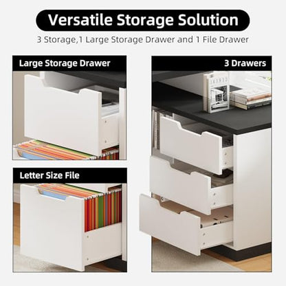MaverickFurni L Shaped Desk with Drawers and Shelves, Home Office Desk with File Drawer for Work Writing Study, Corner Desk with Monitor Stand and Printer Shelf, White and Black