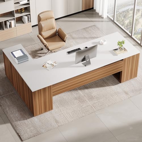 Tribesigns 85.8-Inch L-Shaped Executive Desk, Extra Large Home Office Desk - color: White & Brown