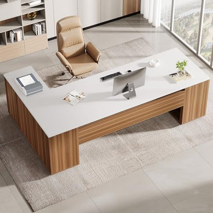 Tribesigns 85.8-Inch L-Shaped Executive Desk, Extra Large Home Office Desk - color: White & Brown