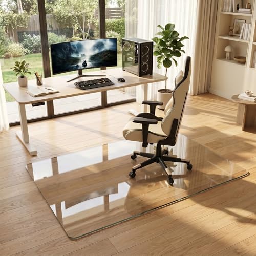 36"x55" Tempered Glass Chair Mat for Hardwood Floor & Carpet | 0.2" Thick Heavy-Duty Tempered Glass With 4 Non-Slip Pads, Smooth Rolling Surface Protects Floors From Scratches And Cracks - size: 36" x 55"