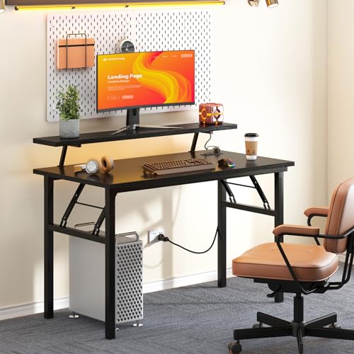 DlandHome 39" Computer Desk with Power Outlets & LED Lights, Black, Bedroom - color: Black + Black, size: 39 Inches + Outlets