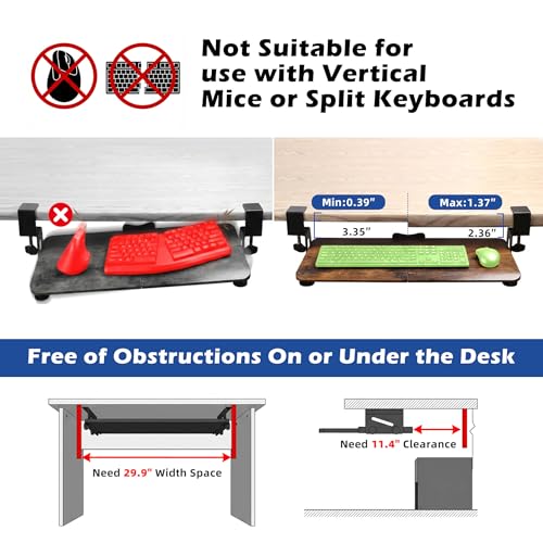 Mahogany Keyboard Tray Under Desk Clamp, Large Slide-Out Keyboard and Mouse Tray, Ergonomic Under Desk Keyboard Drawer Alternative with Wrapped Edge Surface for Home Office - color: Mahogany