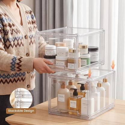 Large Clear Stackable Storage Drawers, 1 Pack Acrylic Organizer Bins for Closet, Bathroom, Kitchen, Pantry, Under Sink, Office, Laundry, Vanity, and Toy Organization, Durable Plastic, Smooth Pull-Out