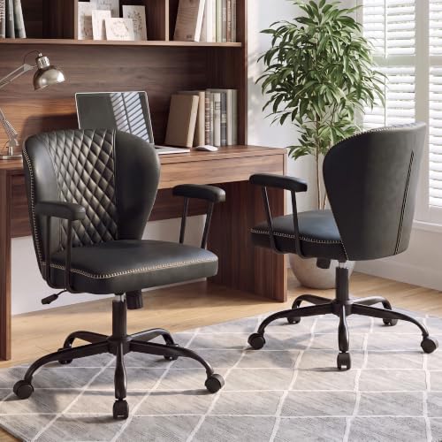 MALOL Leather Office Chair Set of 2 with Removable Arms, Black | Modern Comfortable Desk Chair with Wheels, Adjustable Ergonomic Computer Office Chairs for Desk with Lumbar Support - color: Black, size: Set of 2