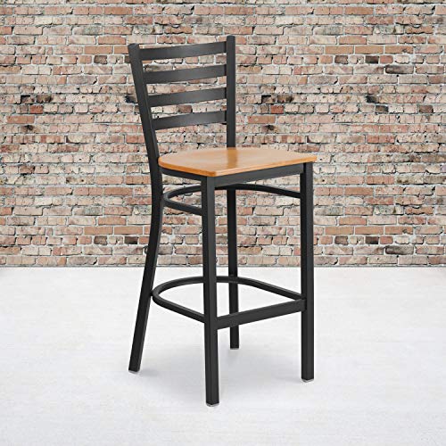 Flash Furniture 2 Pack HERCULES Series Black Ladder Back Metal Restaurant Barstool - Natural Wood Seat - color: Natural Wood Seat/Black Metal Frame, size: Set of 2