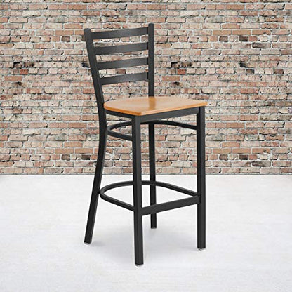 Flash Furniture 2 Pack HERCULES Series Black Ladder Back Metal Restaurant Barstool - Natural Wood Seat - color: Natural Wood Seat/Black Metal Frame, size: Set of 2