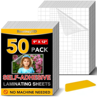 50 Pack Self Adhesive Laminating Sheets, 9 X 12 Inch, Clear Sticker Laminate Sheets Waterproof for Documents, Photos, No Machine Needed Heatless Durable - style: 50P