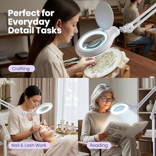 Neatfi LED Magnifying Floor Lamp 1,200 Lumens – 5” Bifocal Glass Lens, Dual Magnification 2.25X + 6X, Dimmable Task Light | Adjustable Arm, Rolling Base | Reading, Crafting & Sewing (White, 5 Inches) - color: White, size: 5 Inches